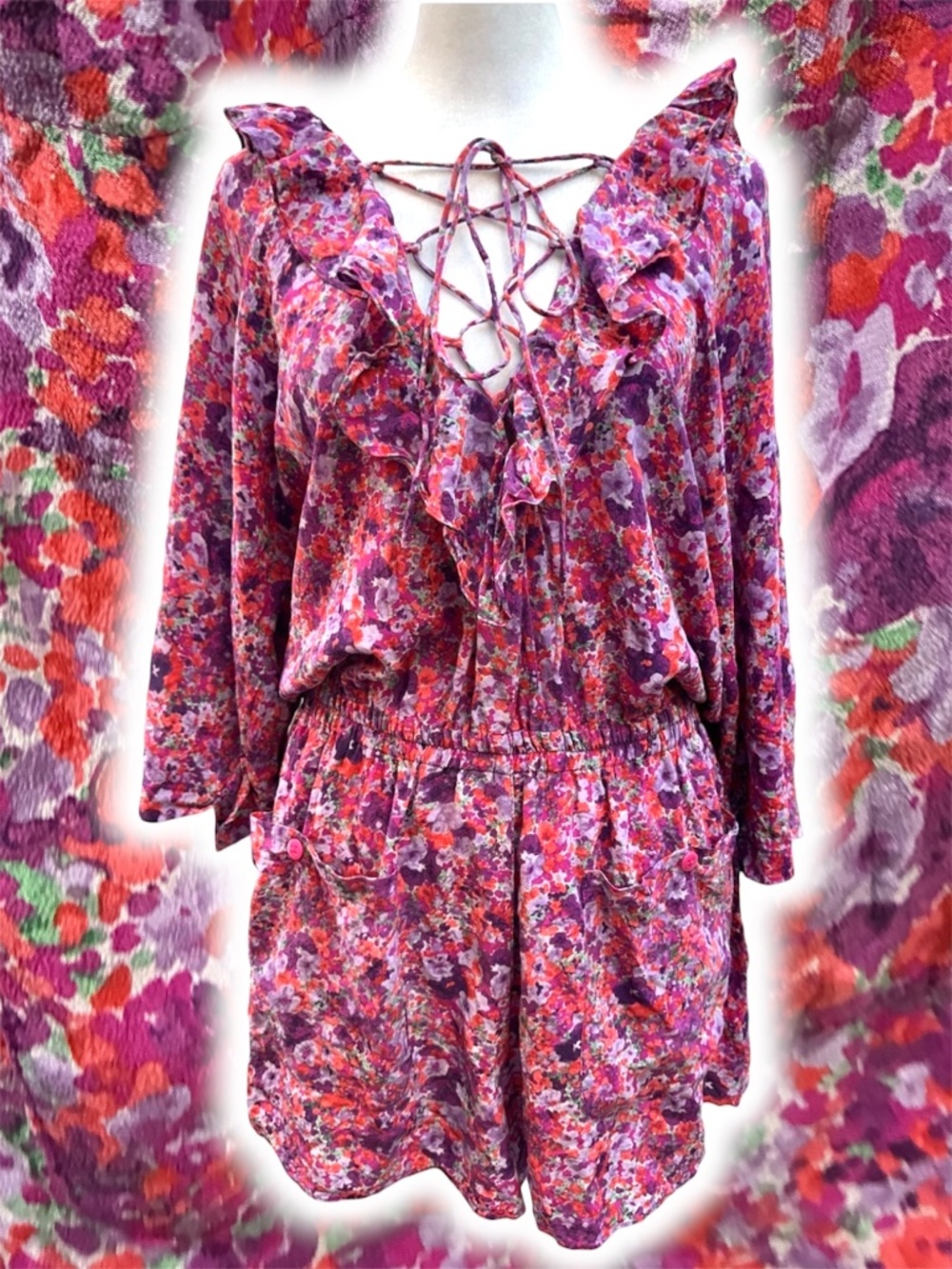 Rebecca Taylor Silk Floral Romper 6 Lace-up Ditsy Pink Purple Calico Cottagecore